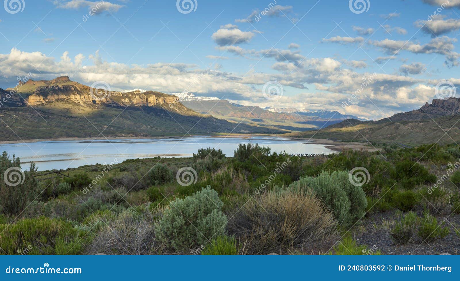 panorama of the absaroka mountains of wyoming above the buffalo bill reservoir on a bright summer morning