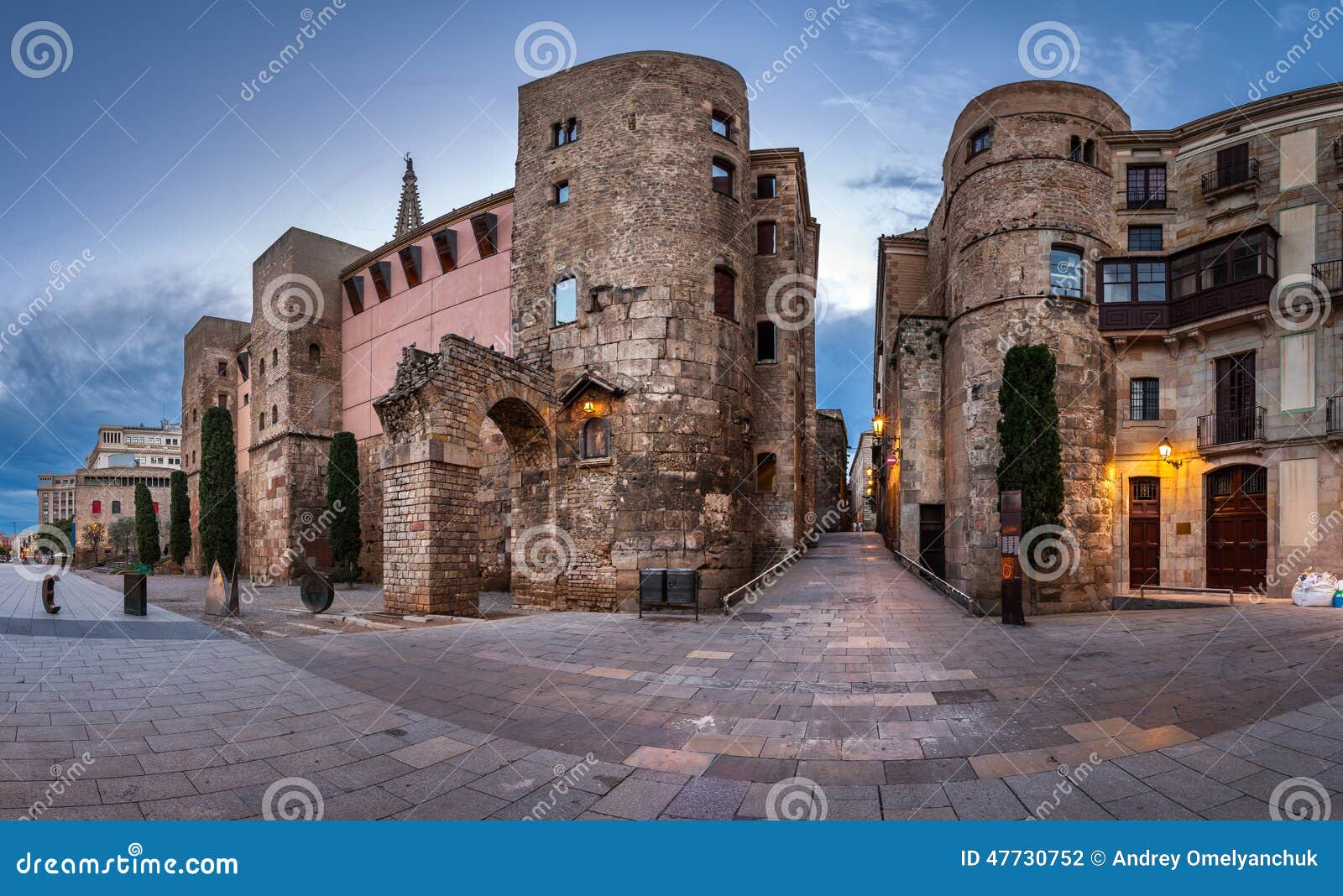 panorama of ancient roman gate and placa nova in the morning