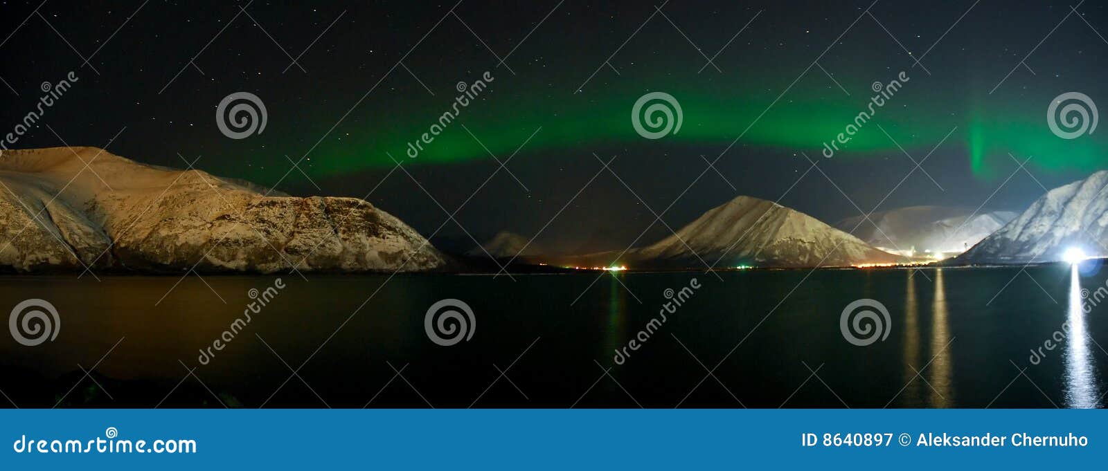panorama of aurora polaris above a lake