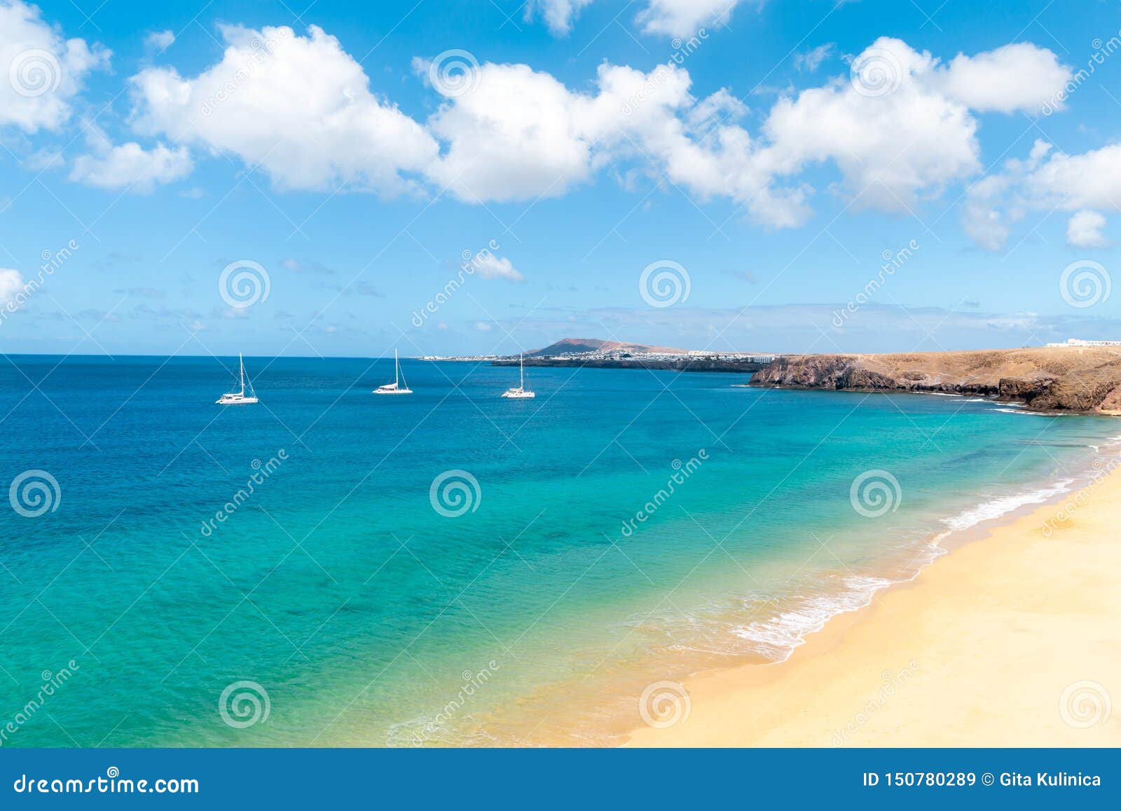 panorama of beautiful beach and tropical sea of lanzarote. canaries