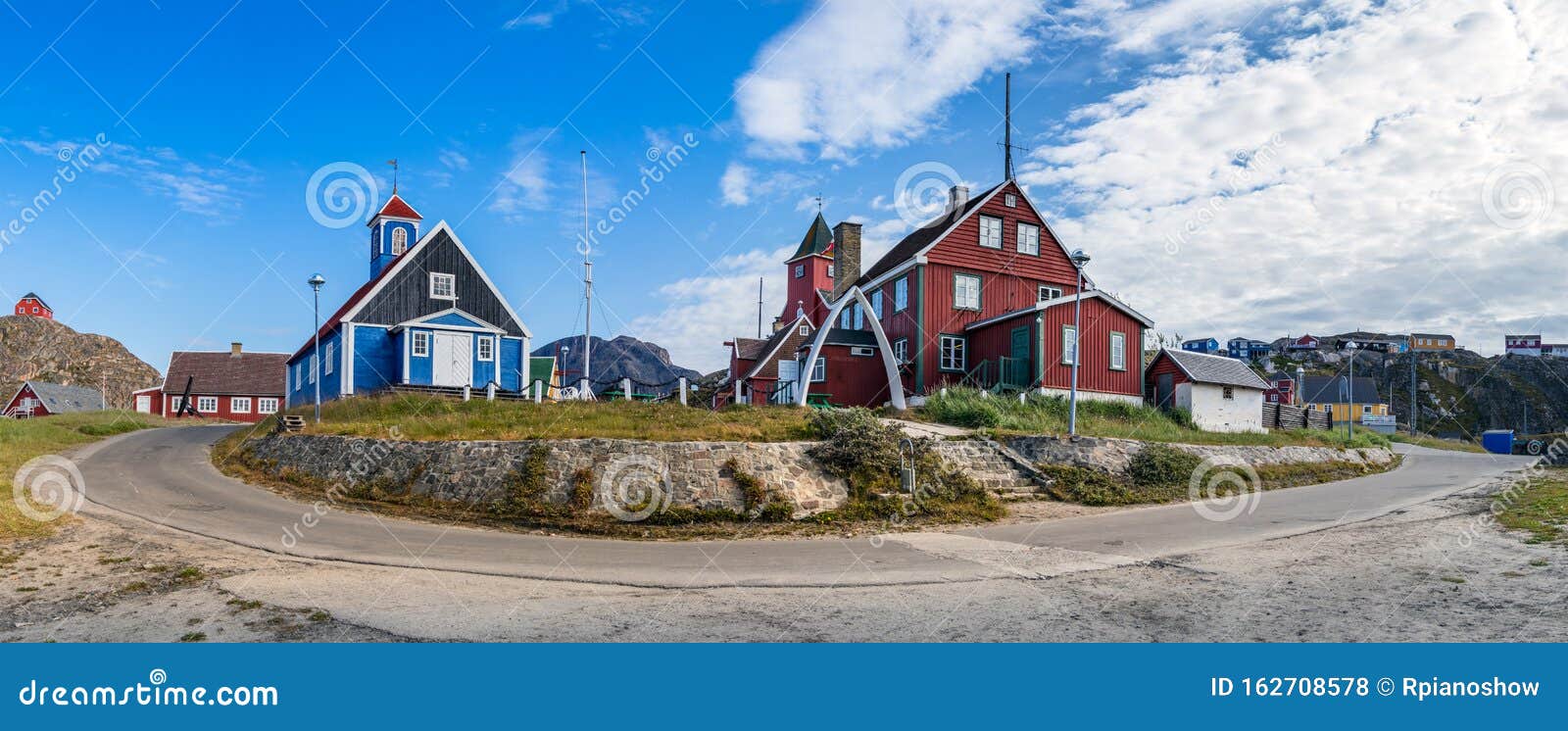 panorama of the bethel blue church and the sisimiut museum - katersugaasiviat, greenland