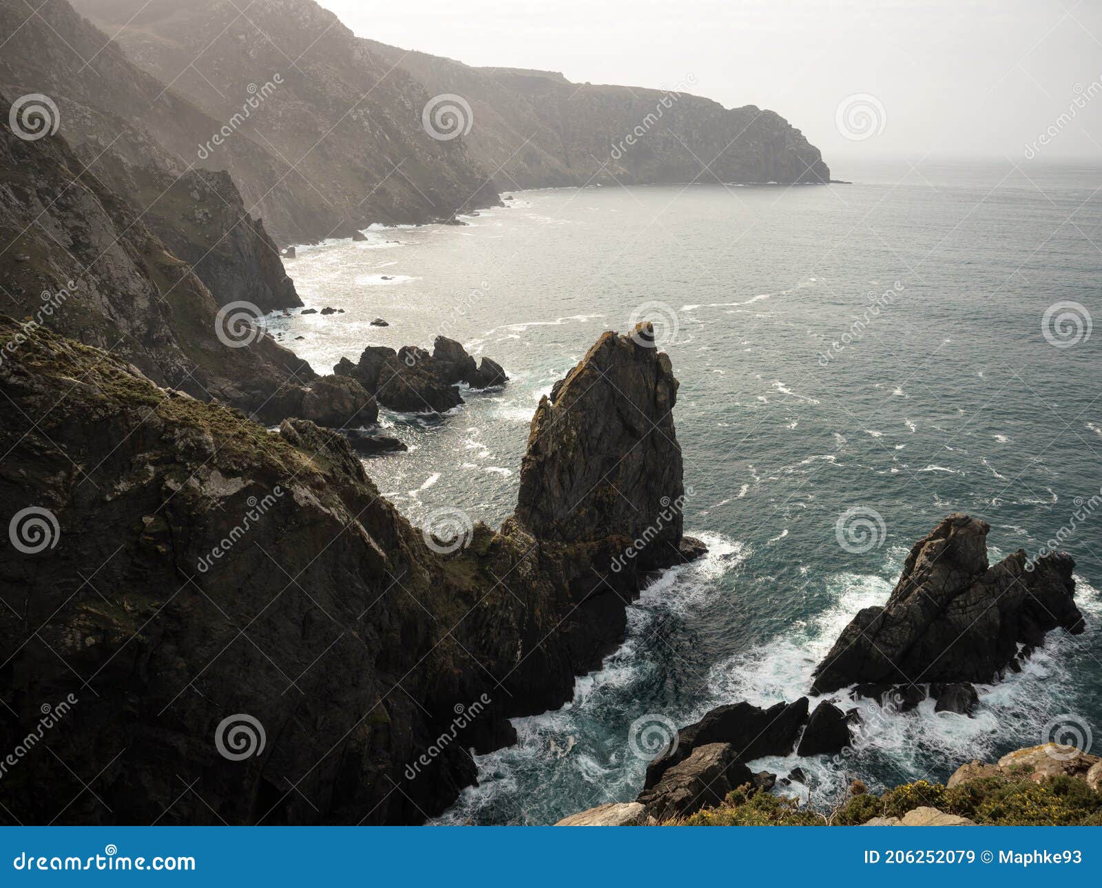 panorama from cabo ortegal lighthouse of steep rocky cliff atlantic ocean bay of biscay carino cape galicia spain