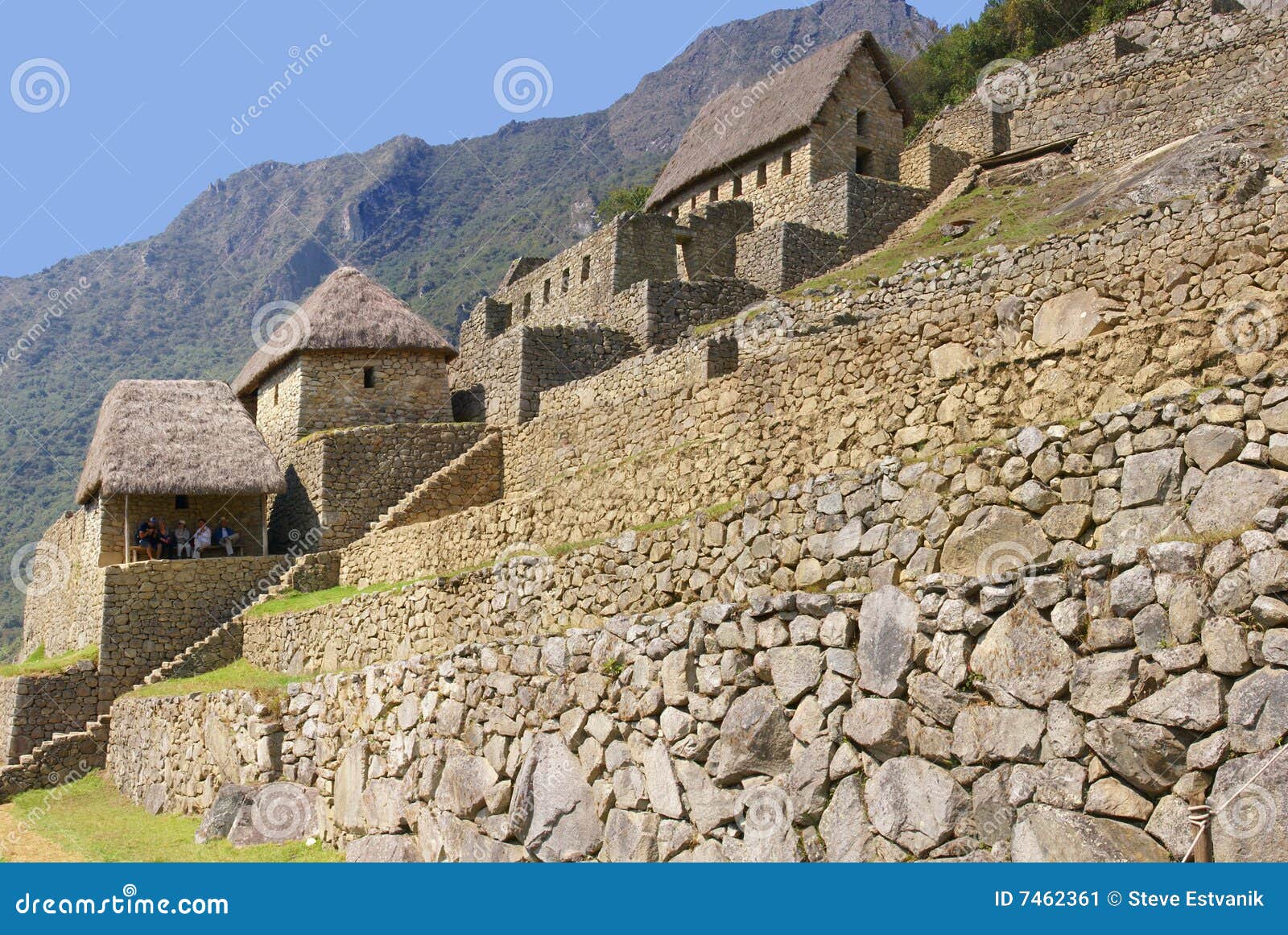 Panorama - campi e capanne a terrazze del guardiano, rovine Machu Picchu, Perù, Sudamerica del Inca