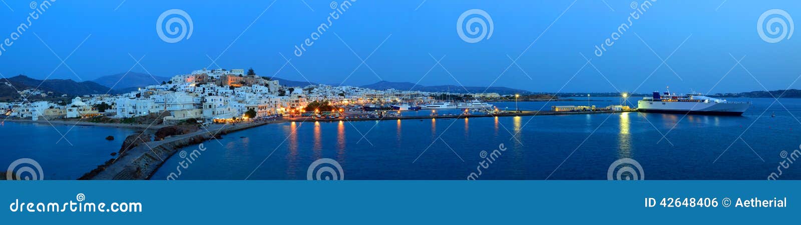 panorama of chora at dusk, naxos island, cyclades archipelago, g