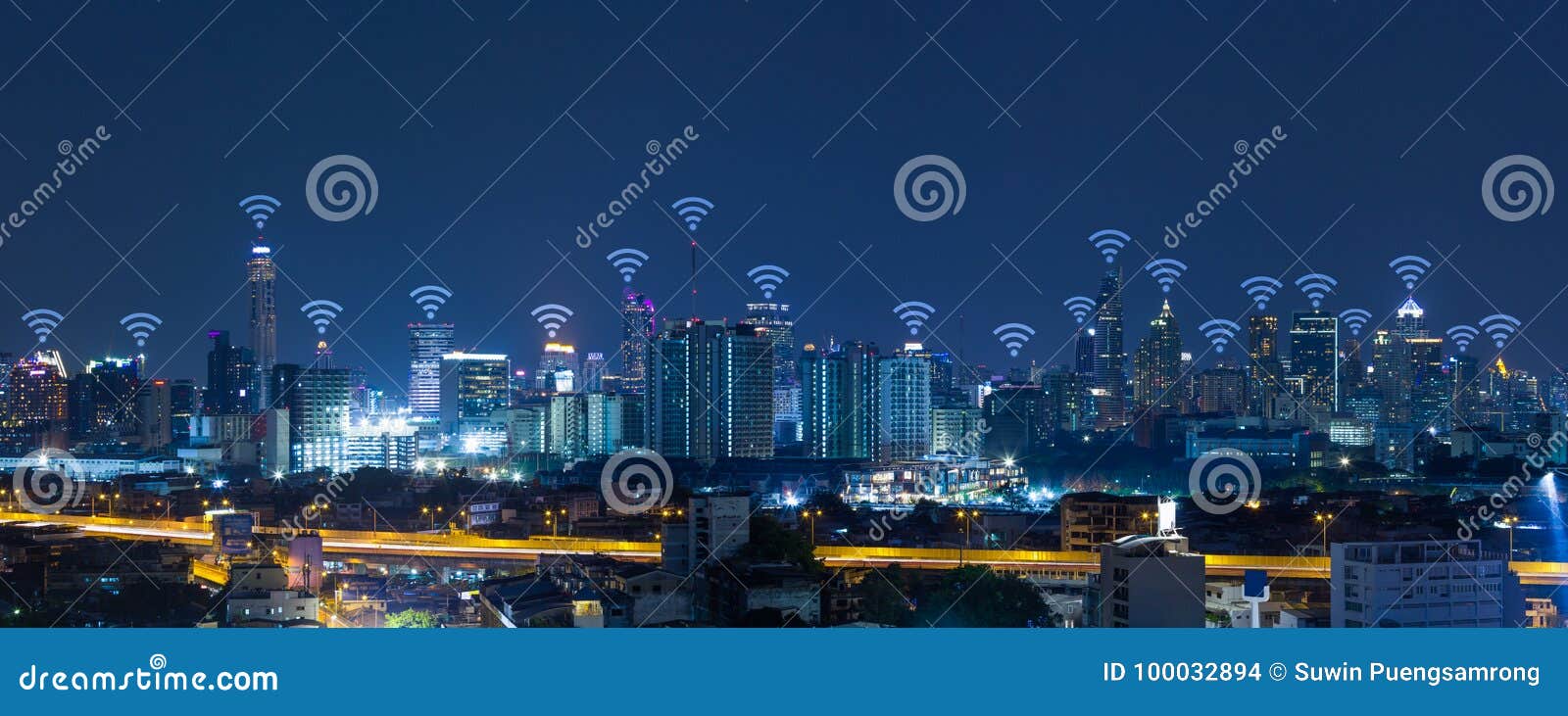 panorama cityscape with wifi network connection concept