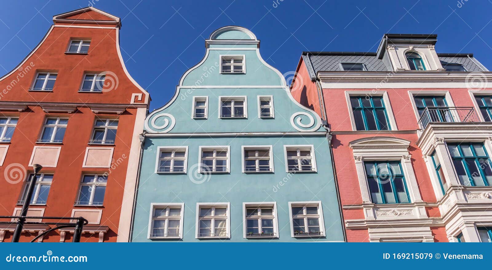 Panorama of colorful facades in Hanseatic city Rostock, Germany