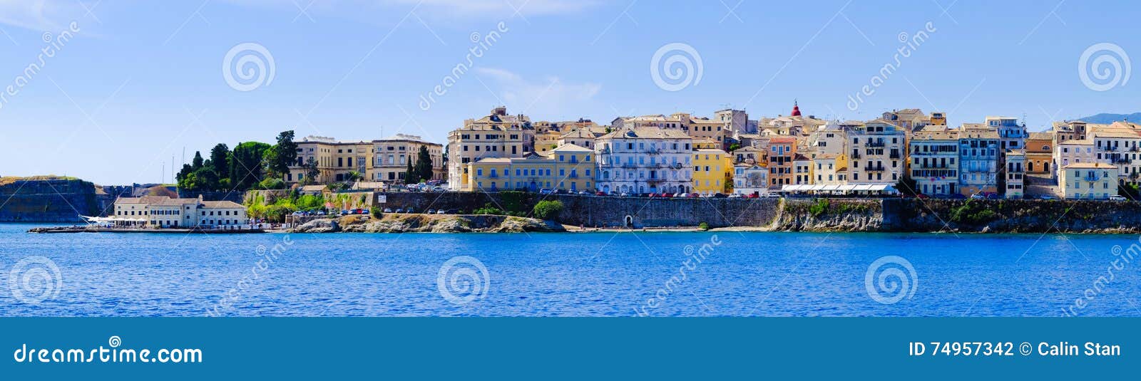 panorama of corfu town from the sea. old town buildings