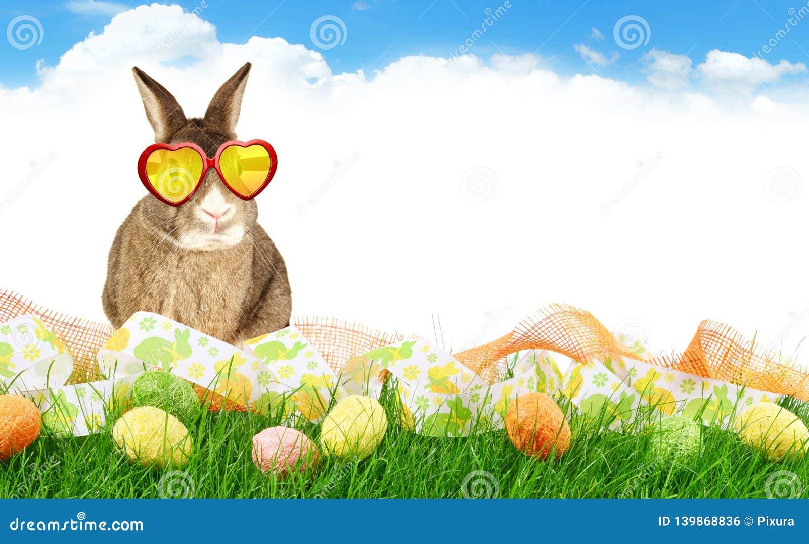 Panorama with Easter Eggs and Rabbit on Sky Background Stock Photo