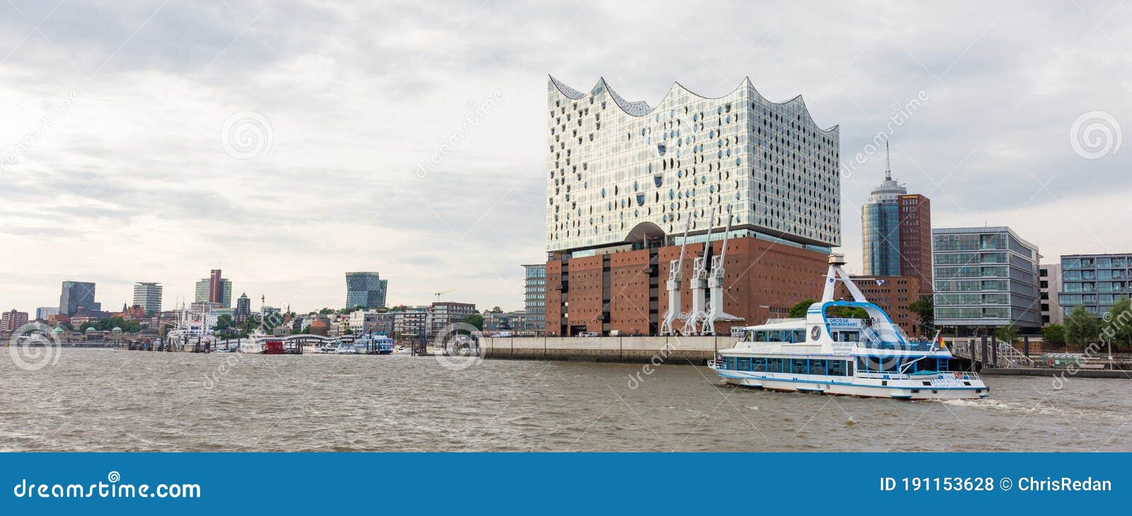 Panorama of Elbe River with Elbphilharmonie and a Public Ferry ...