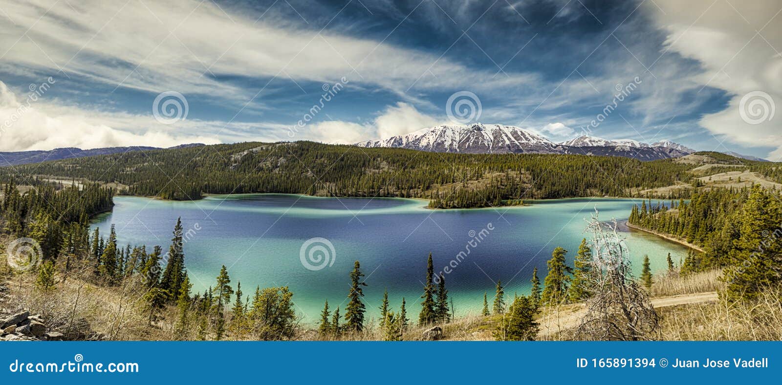 panorama of emerald lake, it is located in the yukon territory of canada