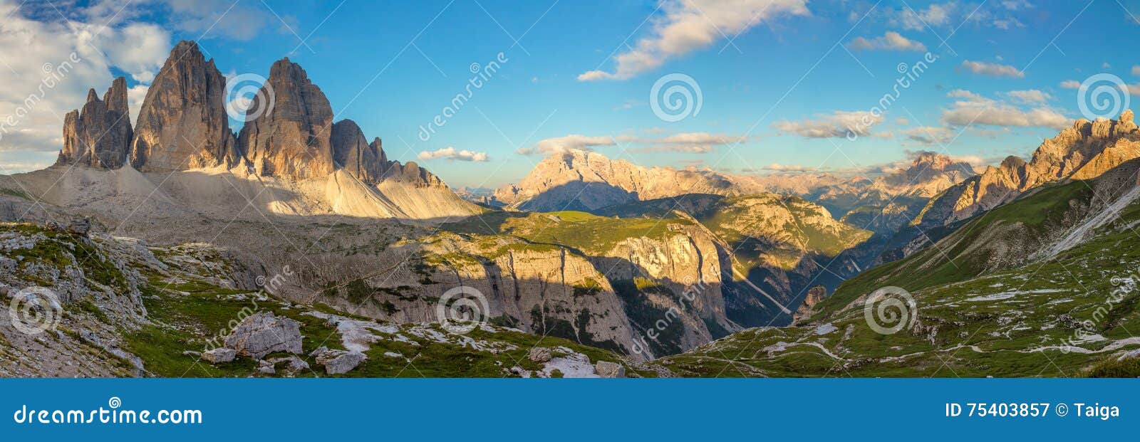panorama of famous tre cime di lavaredo, dolomites alps, italy,
