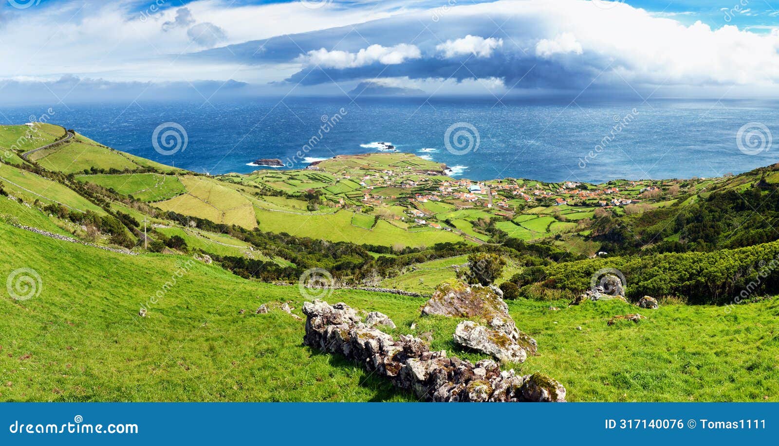 panorama of flores island in azores with corvo and village ponta delgada, portugal