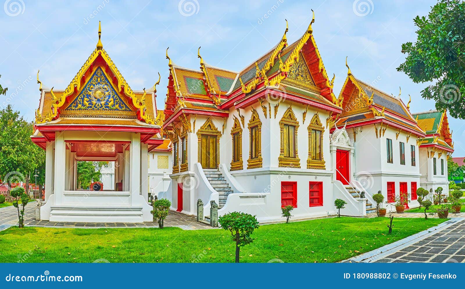 panorama of four princess pavilion of wat benchamabophit dusitvanaram marble temple, bangkok, thailand