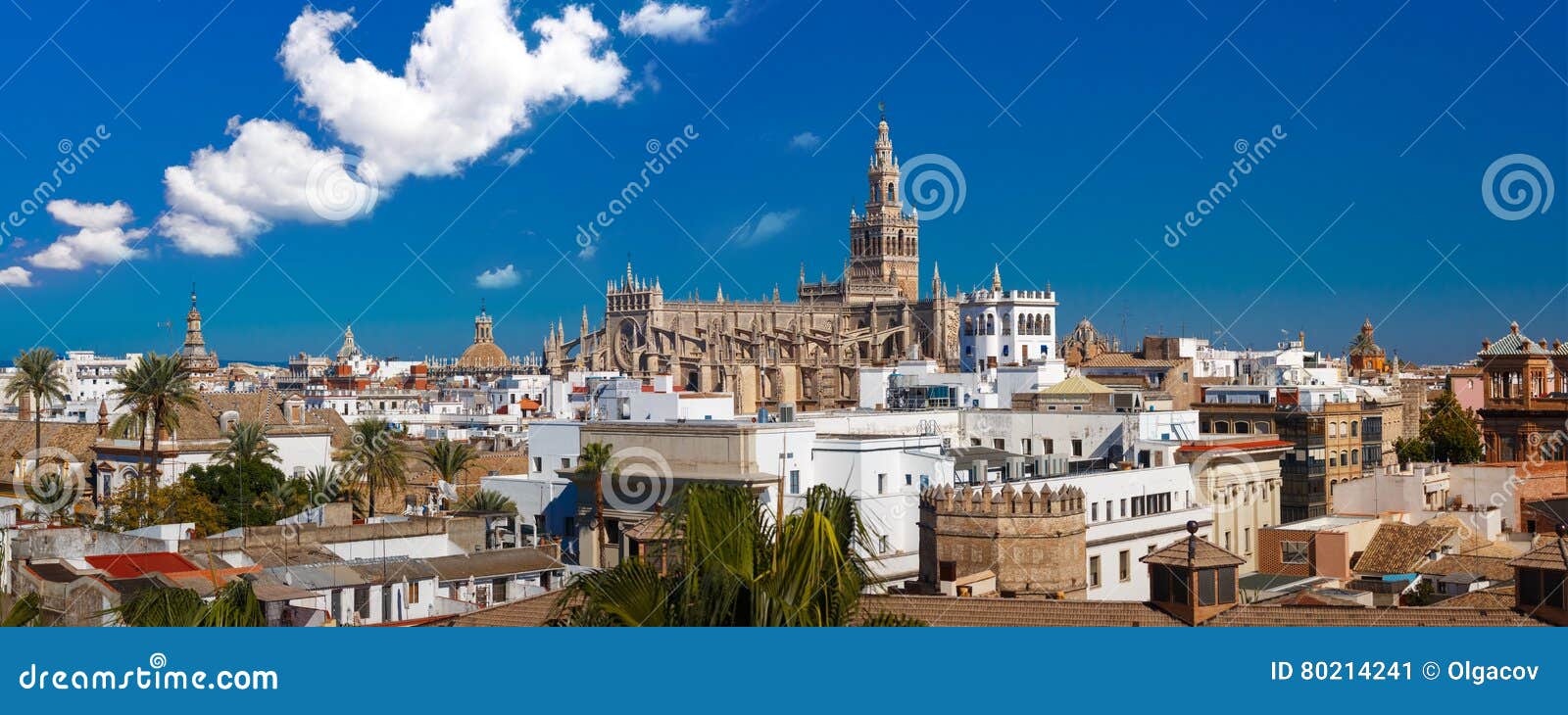 panorama of giralda and seville cathedral, spain