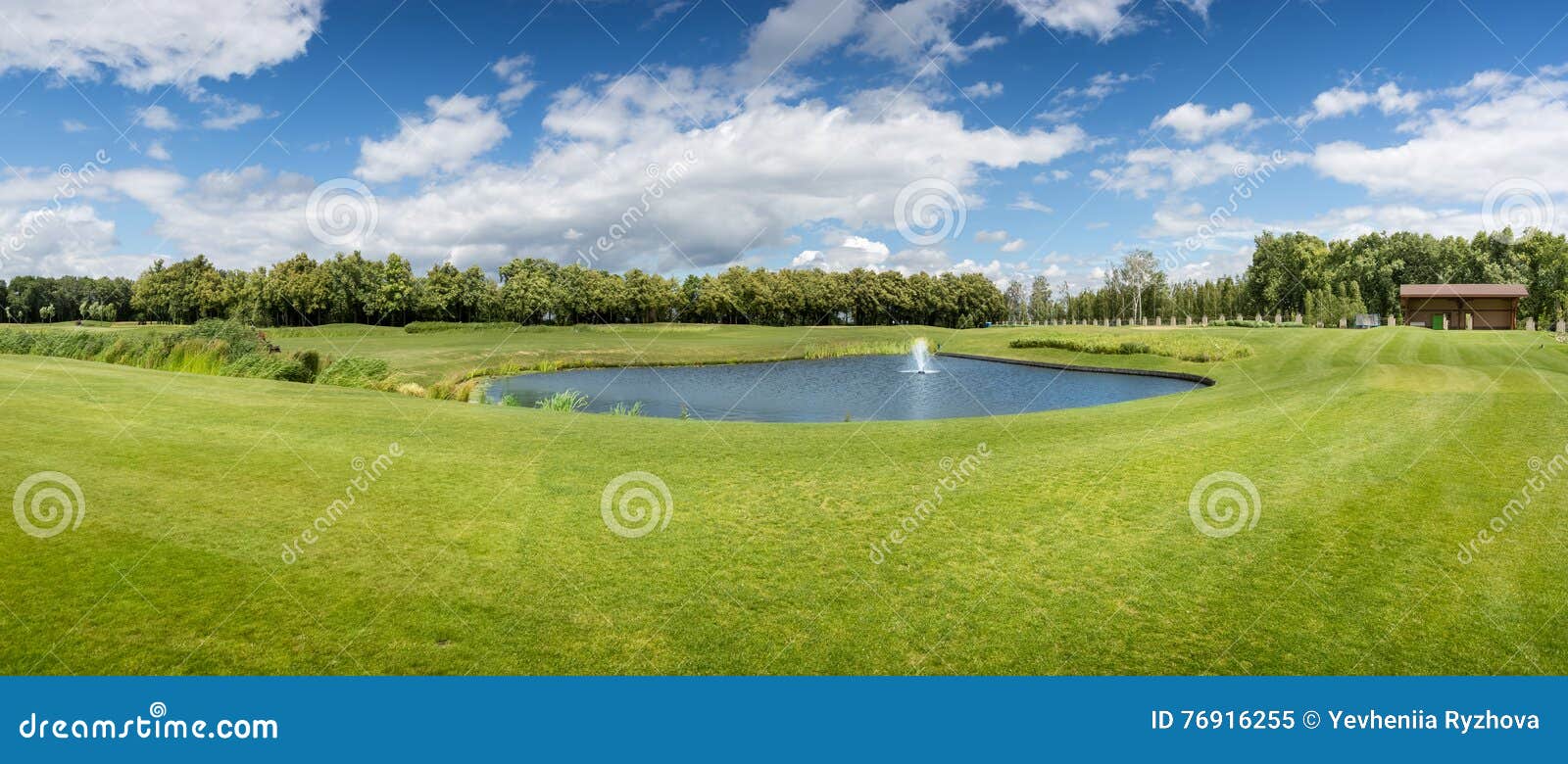 Panorama of Golf Course with Pond in Sunny Day Stock Image Image of