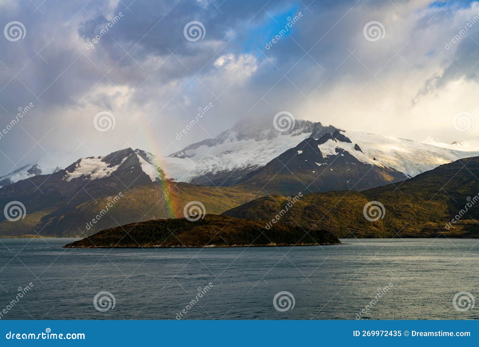 panorama of holanda glacier by beagle channel with rainbow
