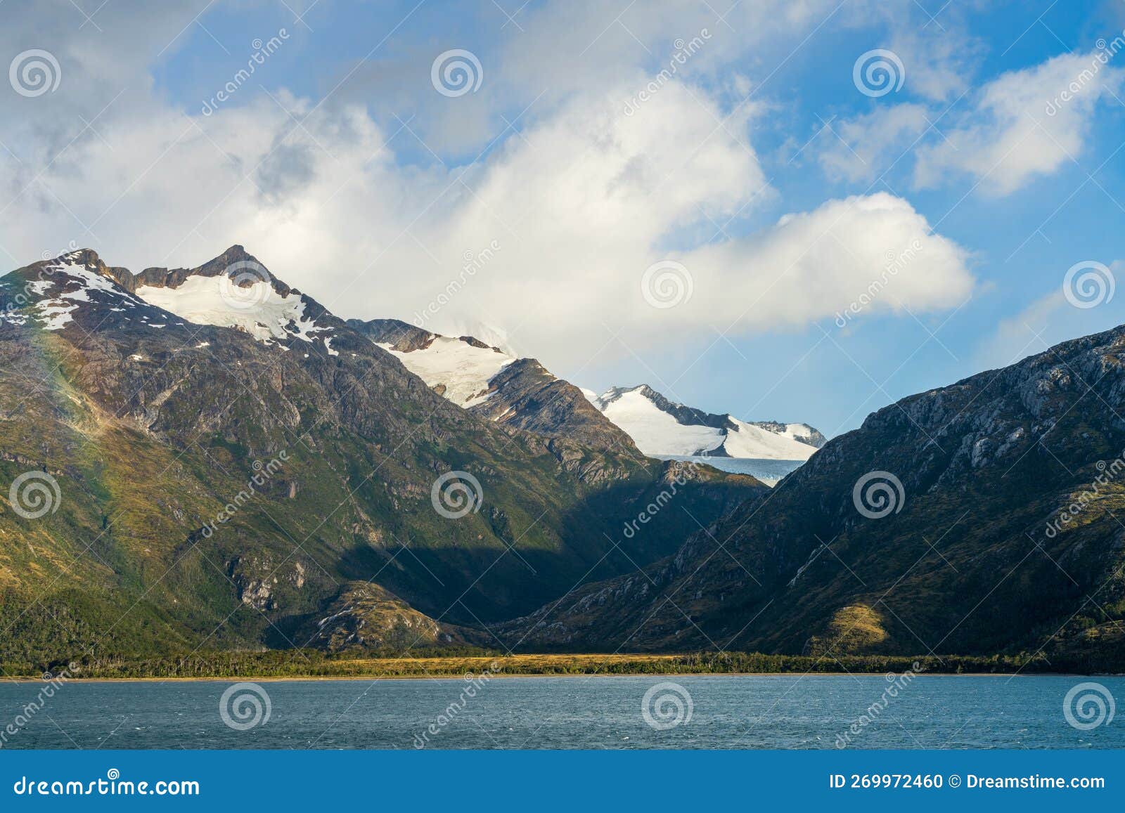 panorama of holanda glacier by beagle channel with rainbow