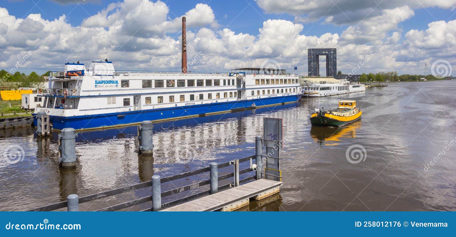 Panorama of the Hotel Boat in the Canal in Groningen Editorial Photo