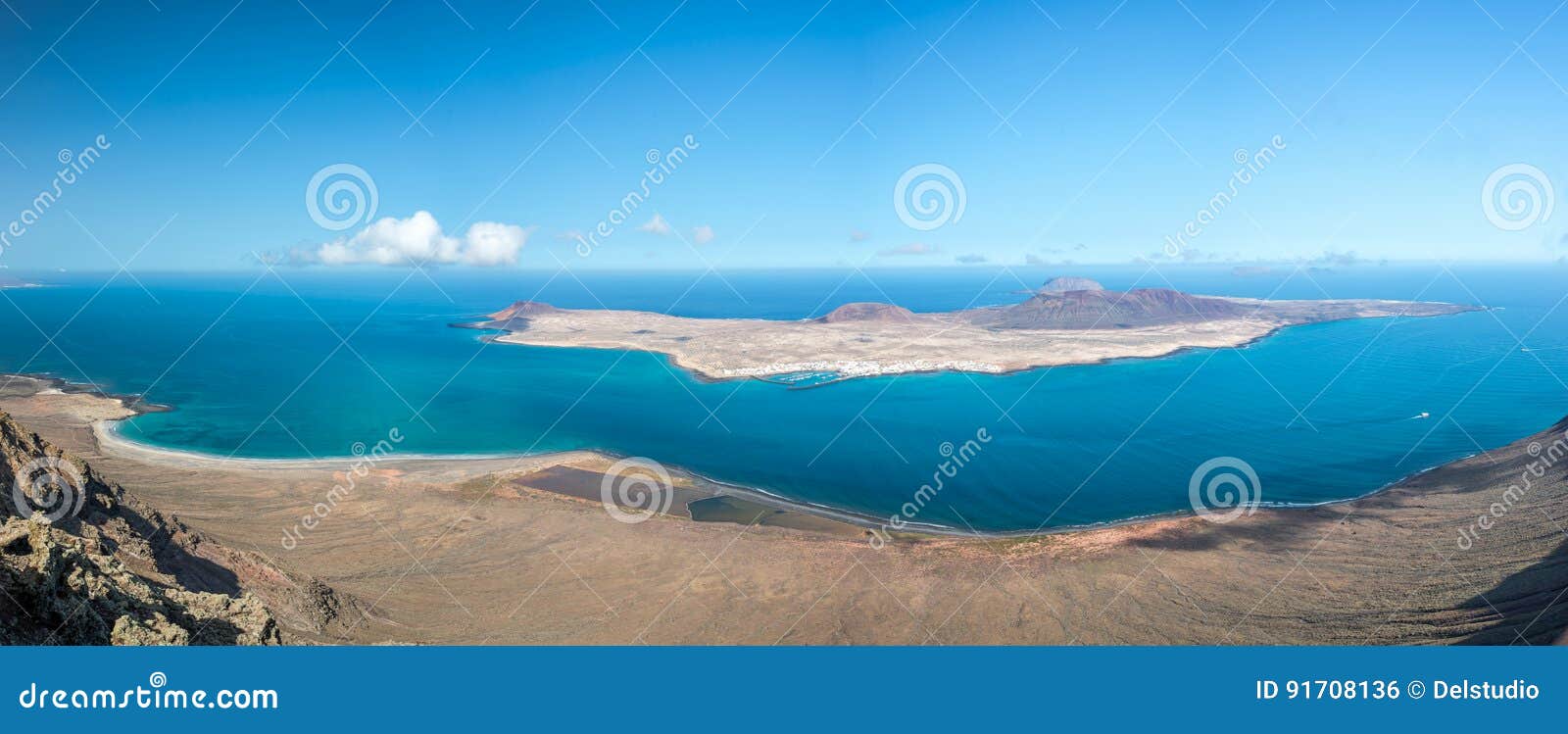 panorama of la graciosa island, aerial view from mirador del rio in lanzarote, canary islands spain