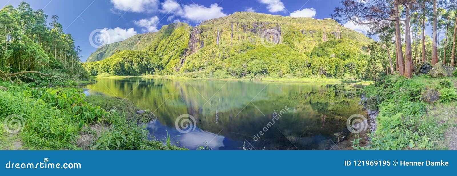 panorama of lake poco do ribeira do ferreiro at the azores island of flores