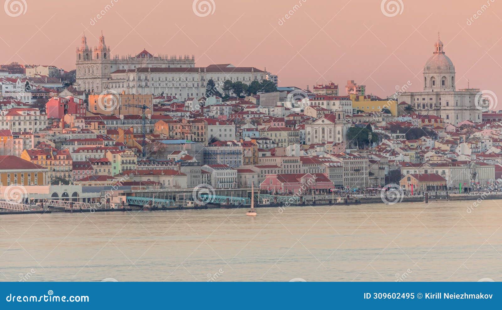 panorama of lisbon historical center and ferry terminal terreiro do paco aerial timelapse during sunset from above