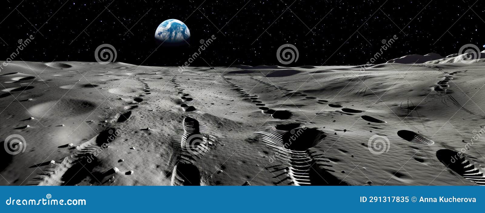 panorama of lunar surface with human footprints leading in different directions, moon exploration concept. generative ai