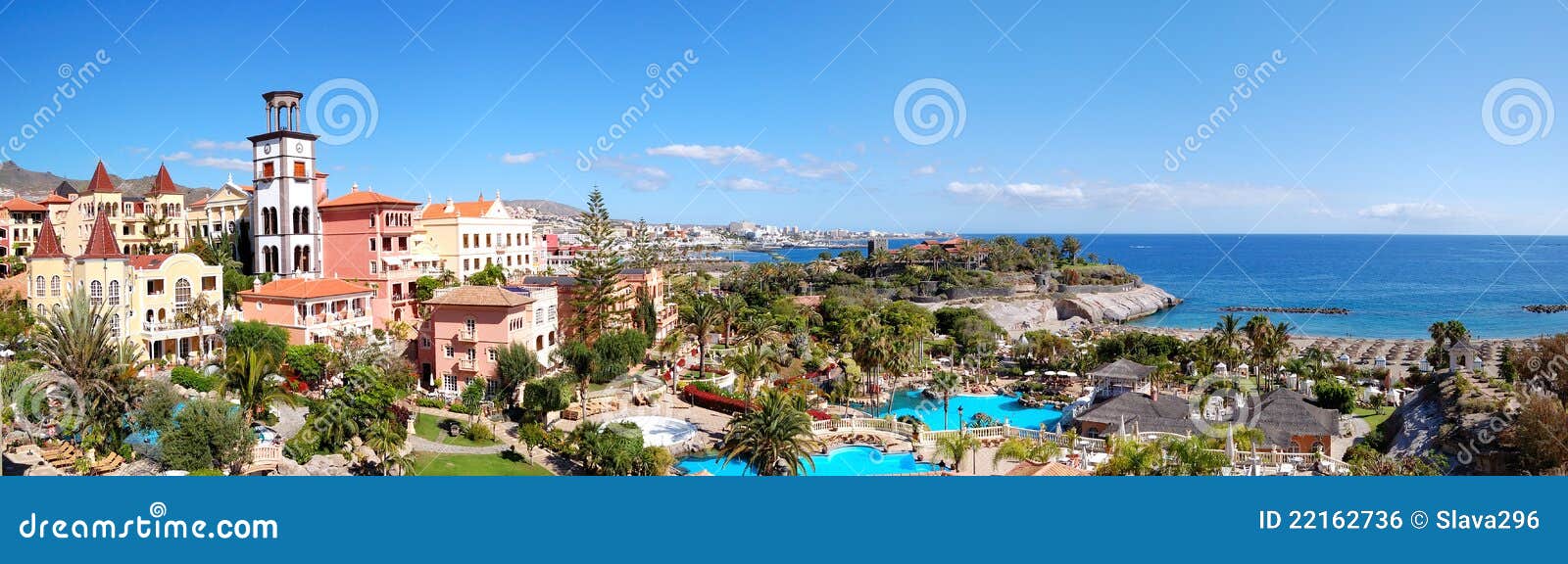 panorama of luxury hotel and playa de las americas