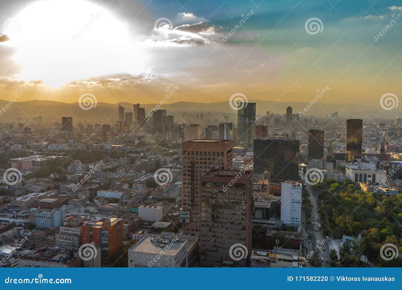 panorama of mexico city central part from skyscraper latino americano. view with buildings. travel photo, background, wallpaper.