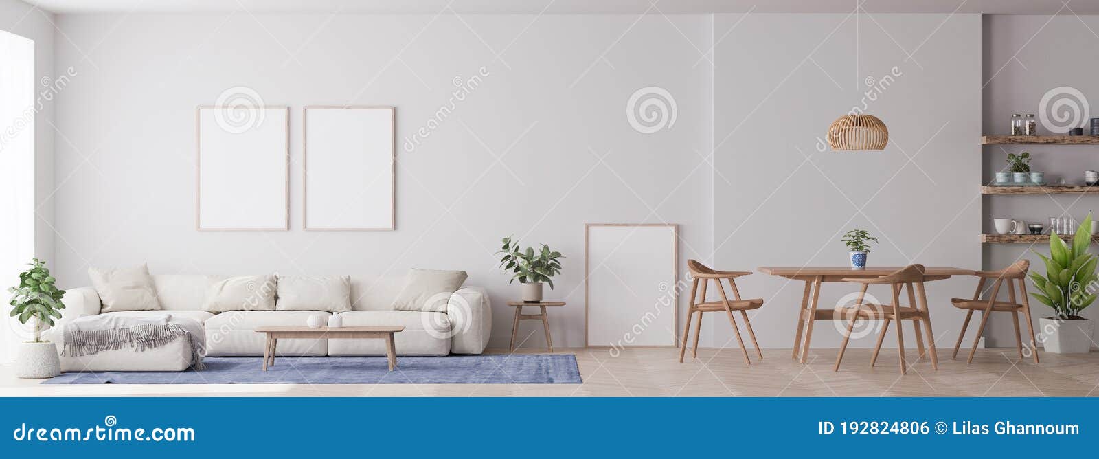 panorama of modern living room with white furniture and dining area