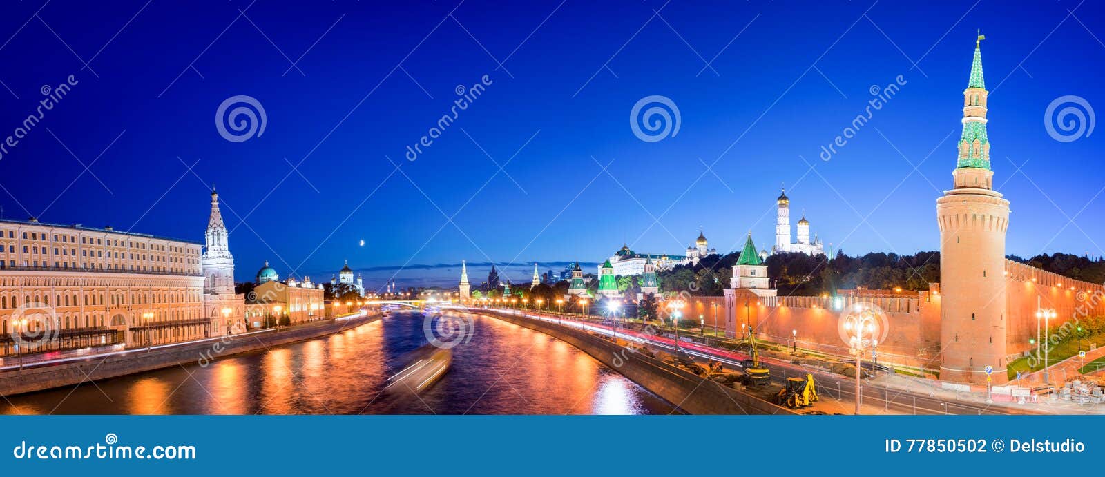 panorama of the moskva river with the kremlin's towers at night, moscow, russia