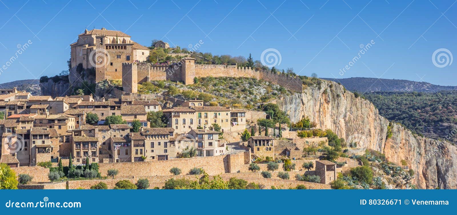 Panorama of Mountain Village Alquezar in the Spanish Pyrenees Stock