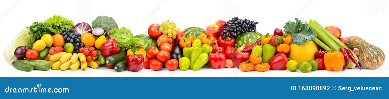 panorama of multicolored fruits and vegetables  on white