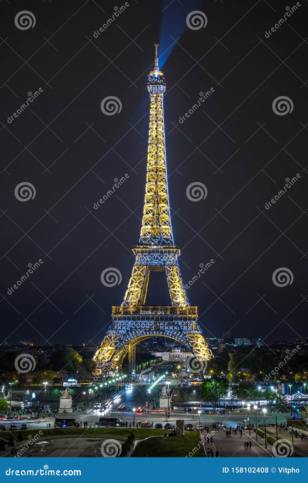 Panorama Of Night Paris With Luminous Yellow And Blue Lights Eiffel