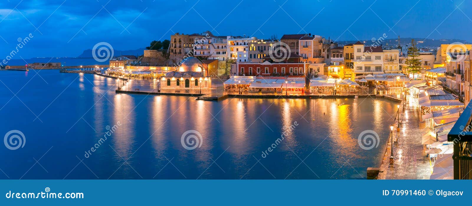 panorama night venetian quay, chania, crete