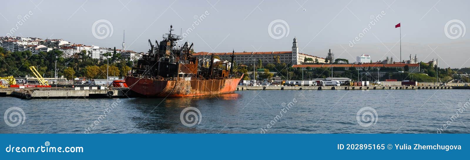 panorama of the port of istanbul kadikoy rusty old abandoned ship