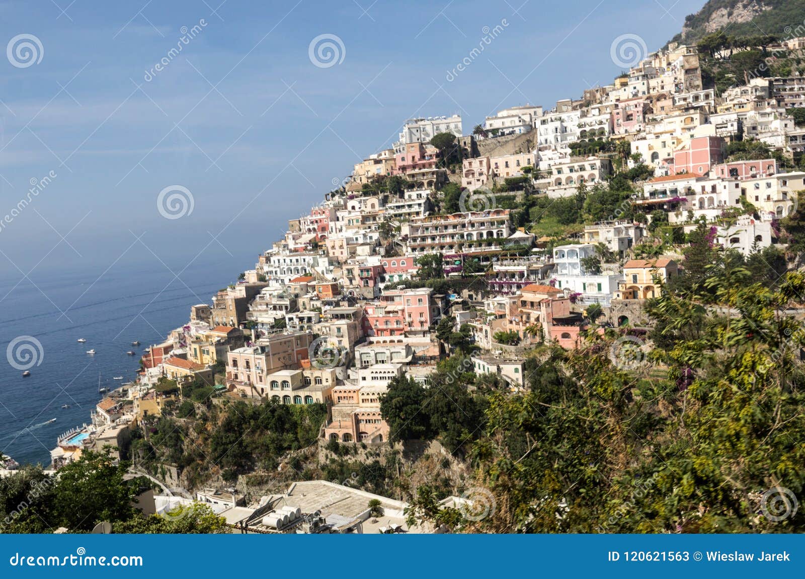 Panorama of Positano with Houses Climbing Up the Hill, Campania, Stock ...