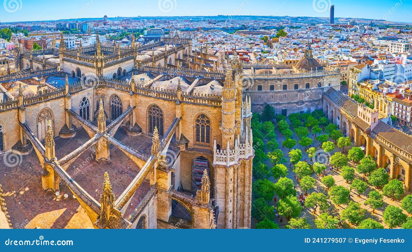 panorama with roof of gothic seville cathedral, orange trees garden and casco antiguo, spain