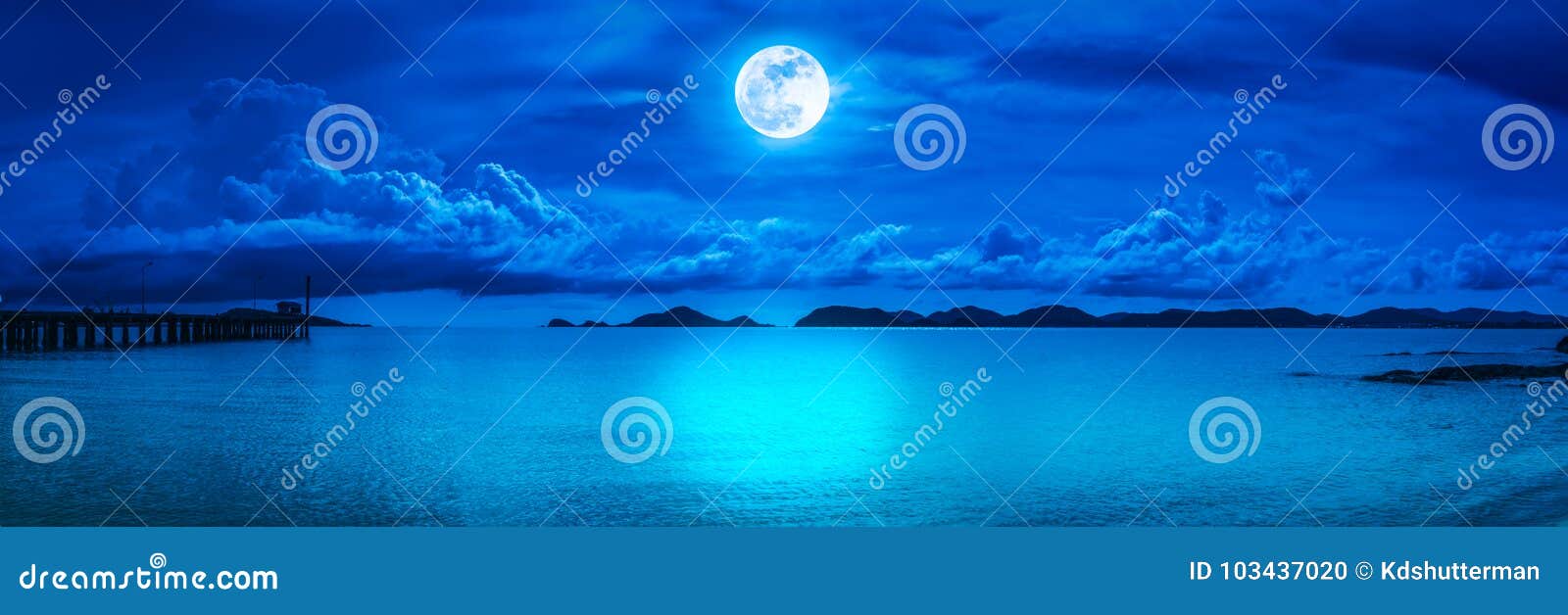 panorama of sky with full moon on seascape to night.