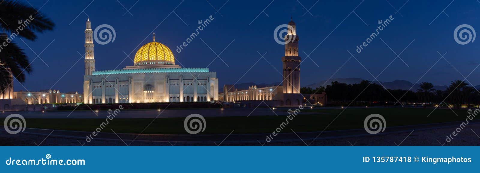 panorama of sultan qaboos grand mosque at night
