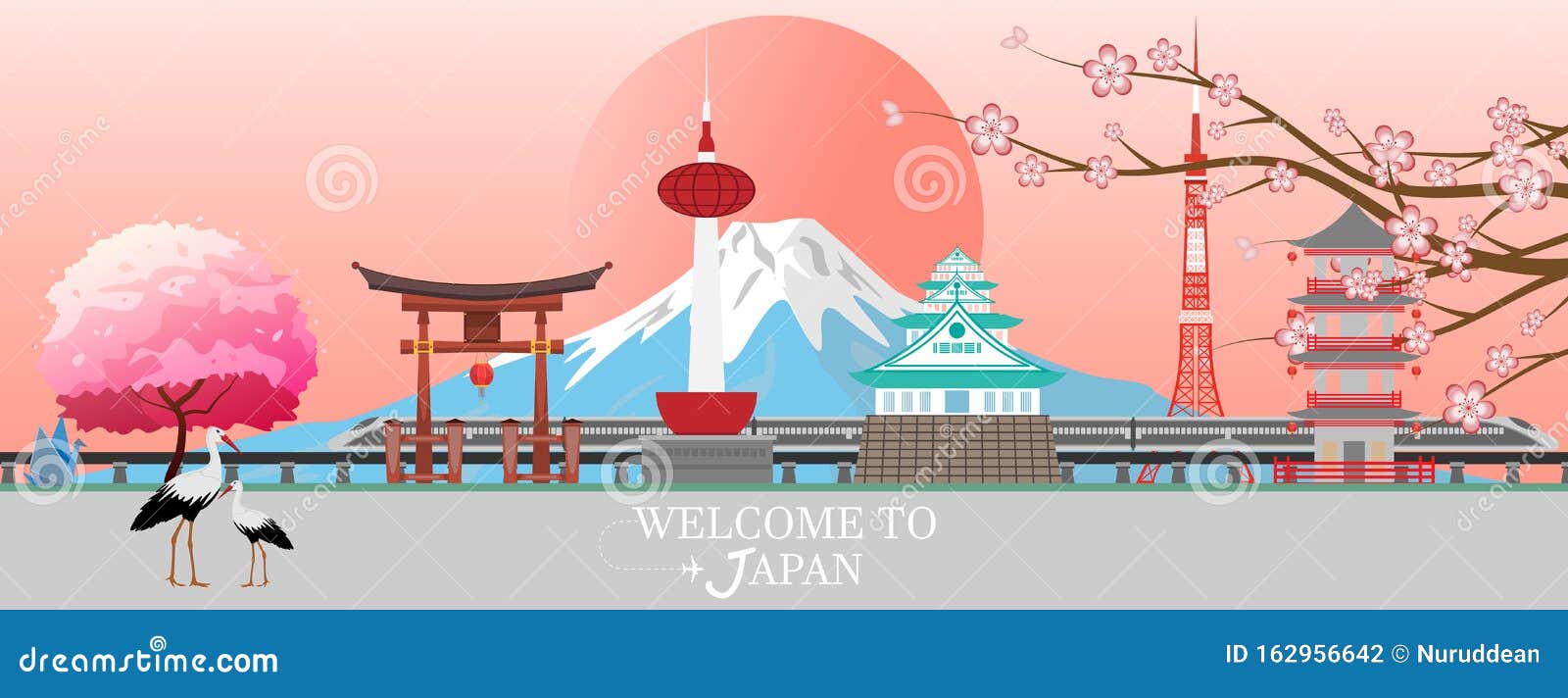panorama travel postcard, tour advertising of japan.  