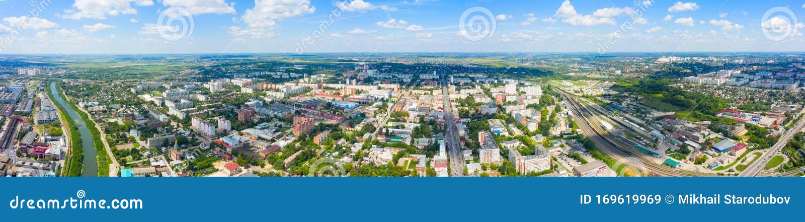panorama of tula city and upa river embankment, district zarechye and a park in the new part of tula