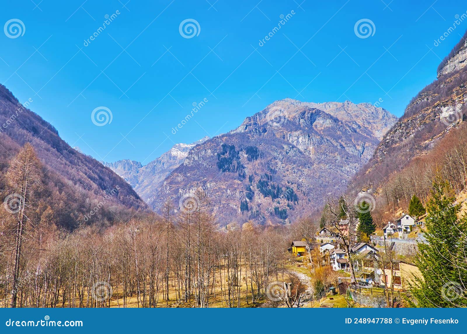 panorama of valle verzasca with houses of frasco, switzerland