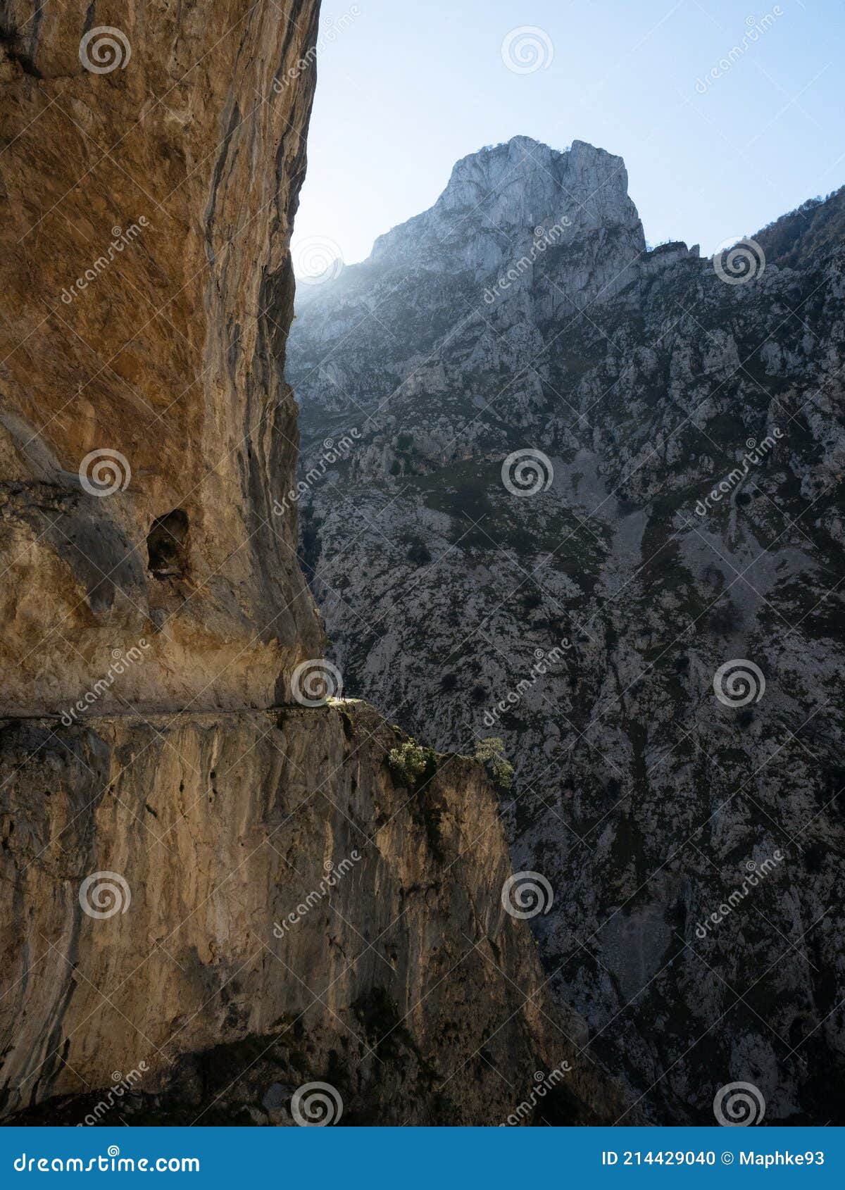 panorama view of hiking trail path route senda del cares cut in picos de europa mountains cliff wall leon asturias spain