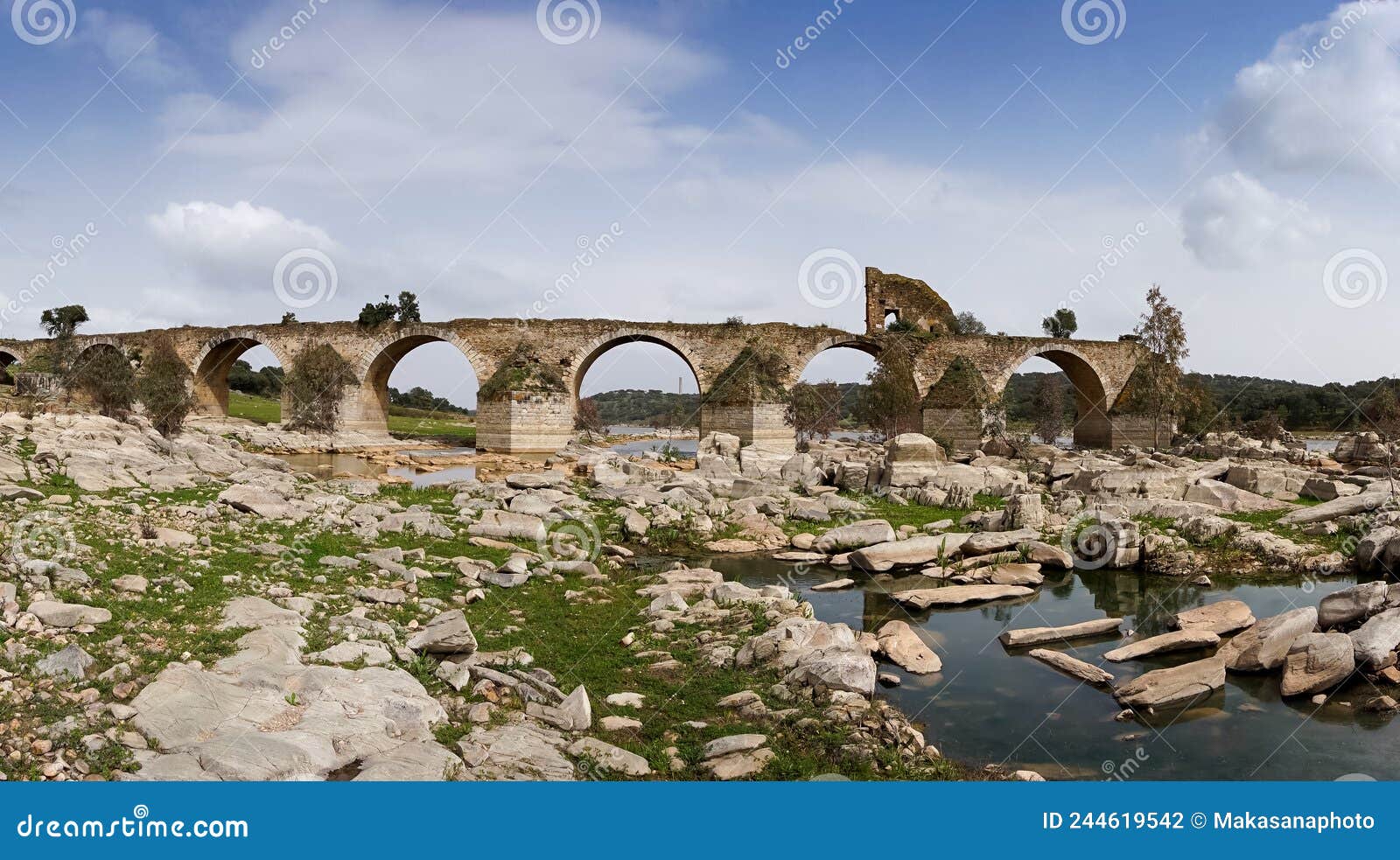 panorama view of the historic ponte de ajuda bridge over the guadiana river