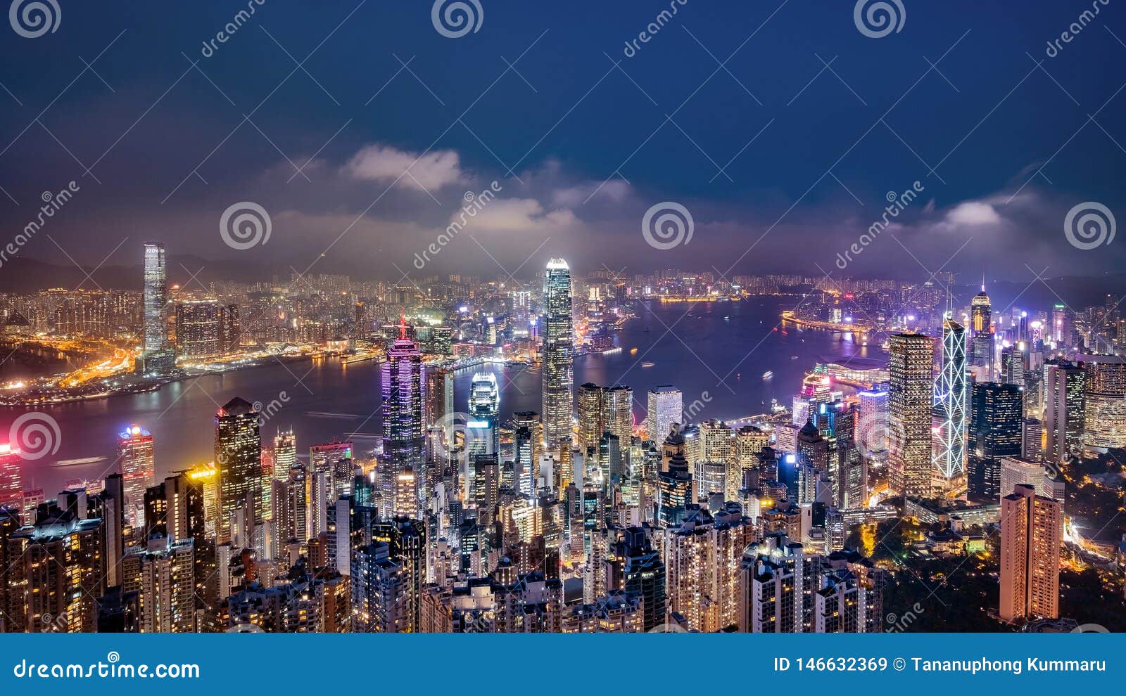 Panorama View of Hong Kong Skyline on the Evening. Stock Image - Image