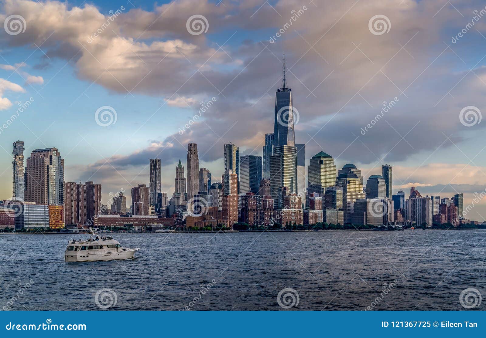 view of nyc skyline at sunset