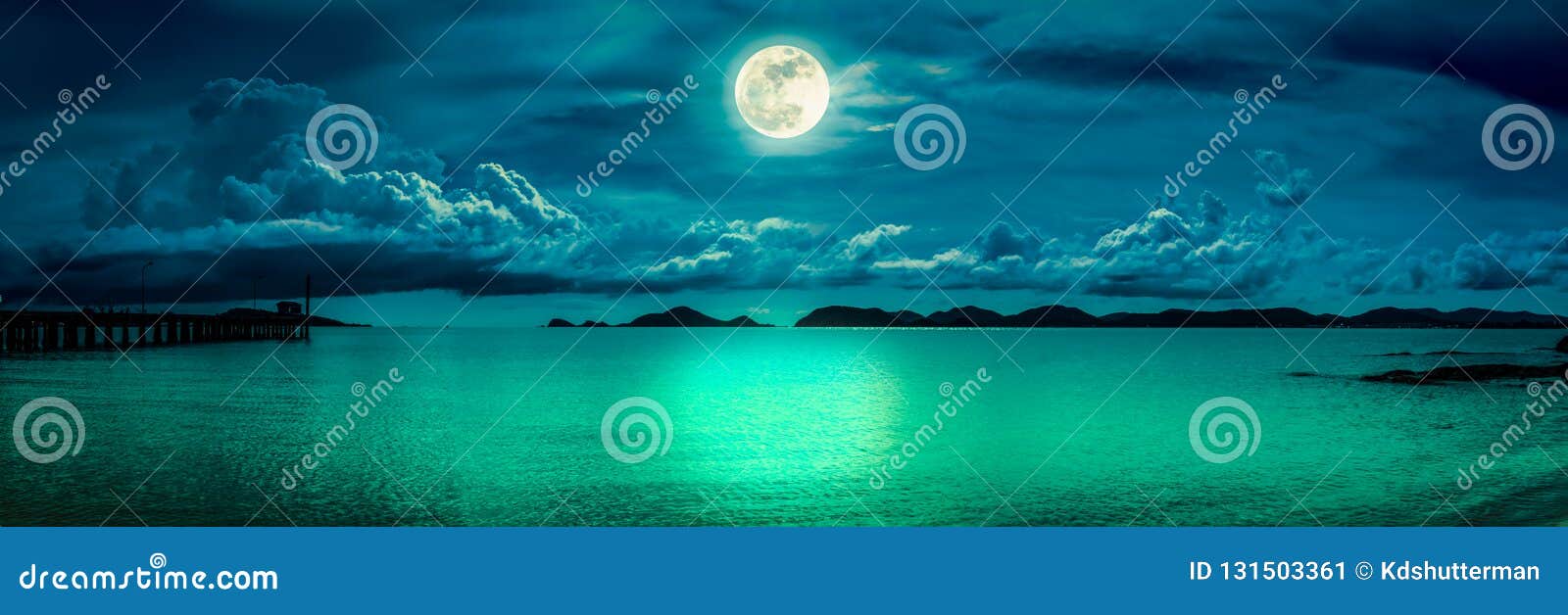 panorama view of the sea. colorful sky with cloud and bright full moon on seascape to night. serenity nature background, outdoor