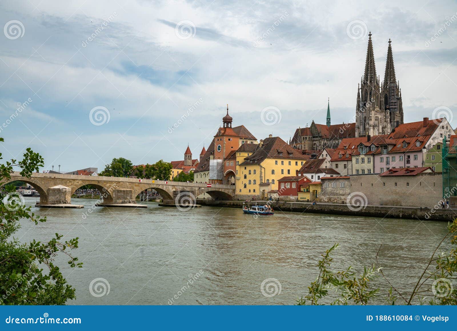 Panorama View of the Stone Bridge and Historical Old Town of Regensburg