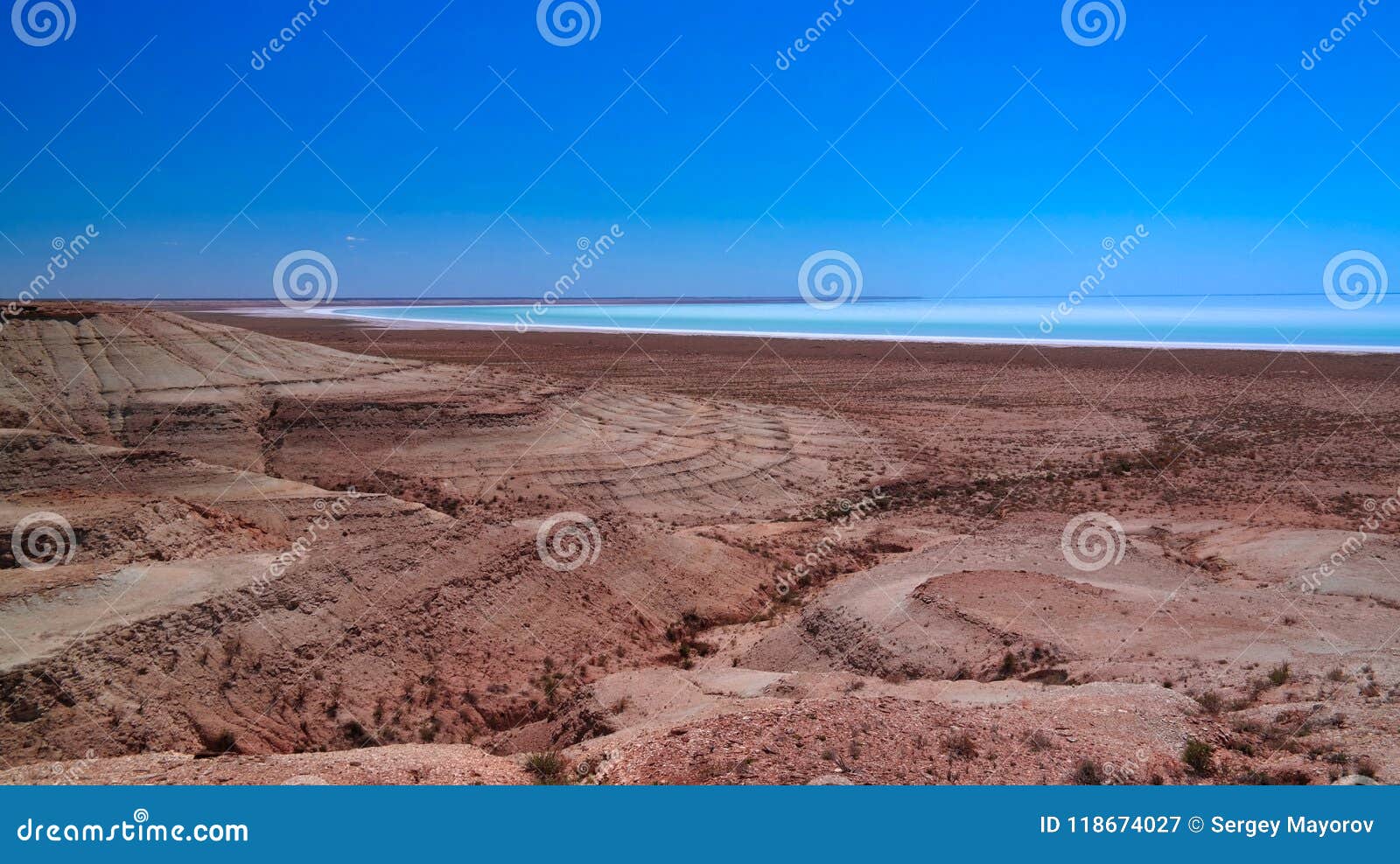 panorama view to saline barsa kelmes lake and ustyurt plateau in karakalpakstan, uzbekistan