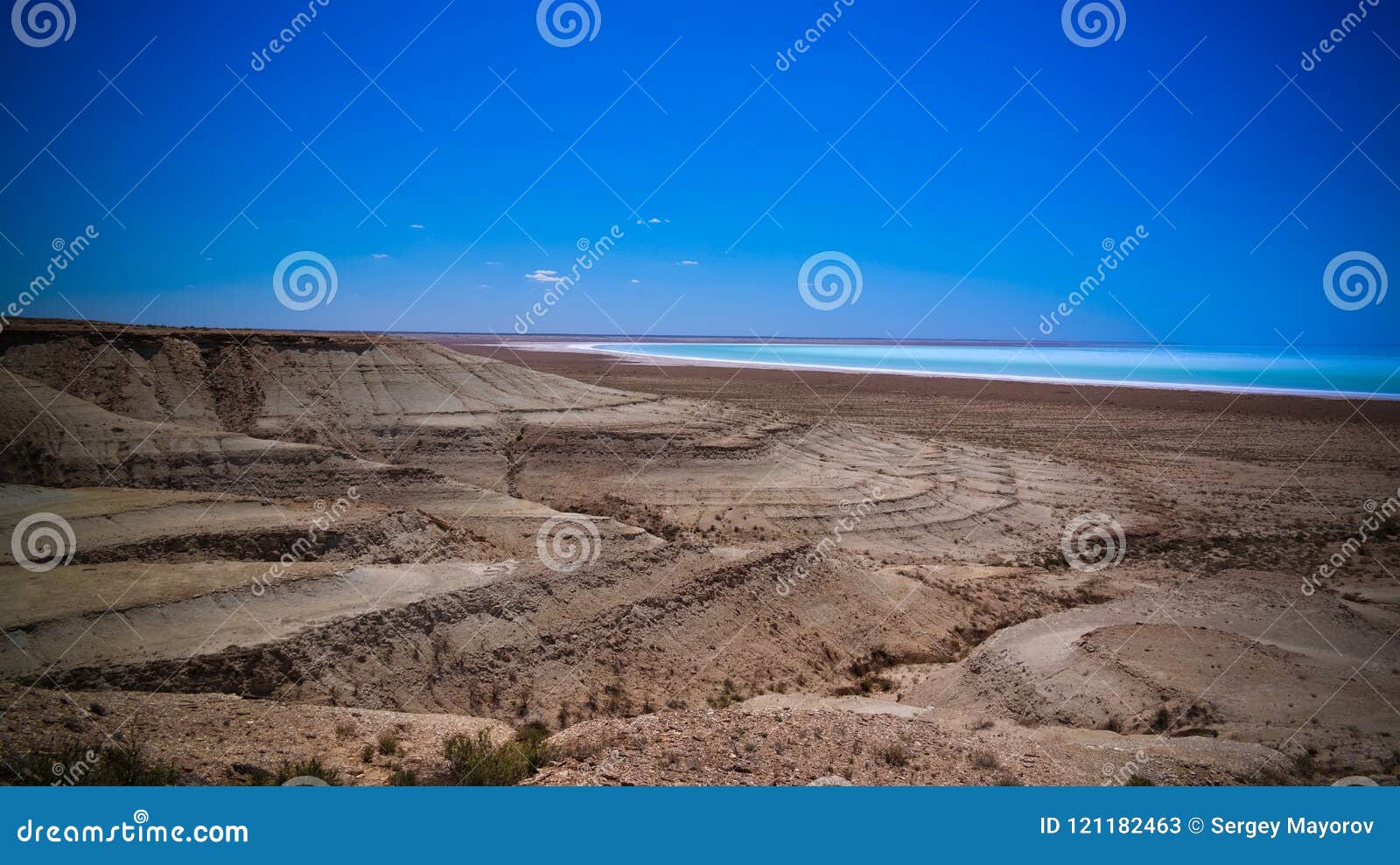 panorama view to saline barsa kelmes lake and ustyurt plateau in karakalpakstan, uzbekistan